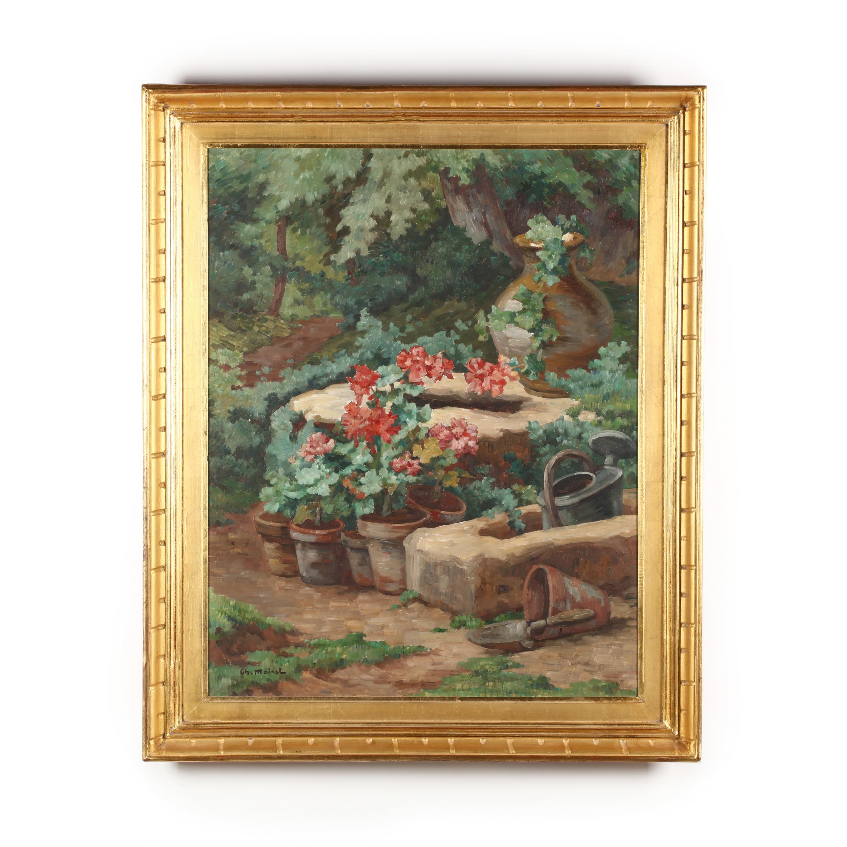 Artwork by Charles Mairet, Potted Geraniums, Made of Oil on canvas