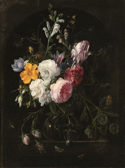 A PAIR: STILL LIFES WITH FLOWERS IN A CRYSTAL VASE by Nicolaes van Veerendael, 1684