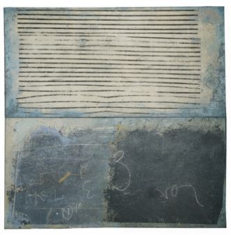 A textured abstract composition featuring horizontal lines and chalk-like scribbles on a weathered surface.