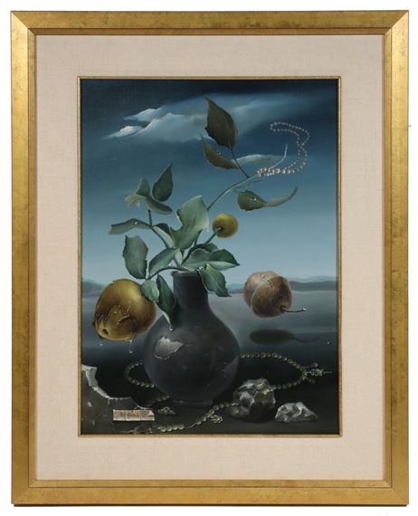 Surrealist Image of Pearls and Pears in a Vase on a Desolate Landscape - Regina Rozin