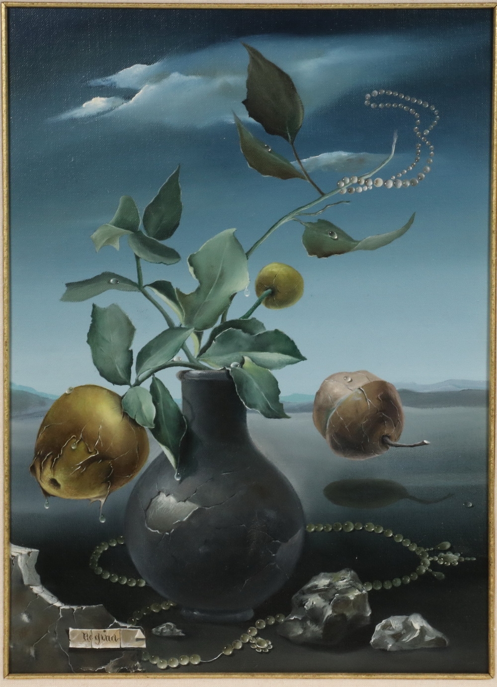 Artwork by Regina Rozin, Surrealist Image of Pearls and Pears in a Vase on a Desolate Landscape, Made of oil on linen