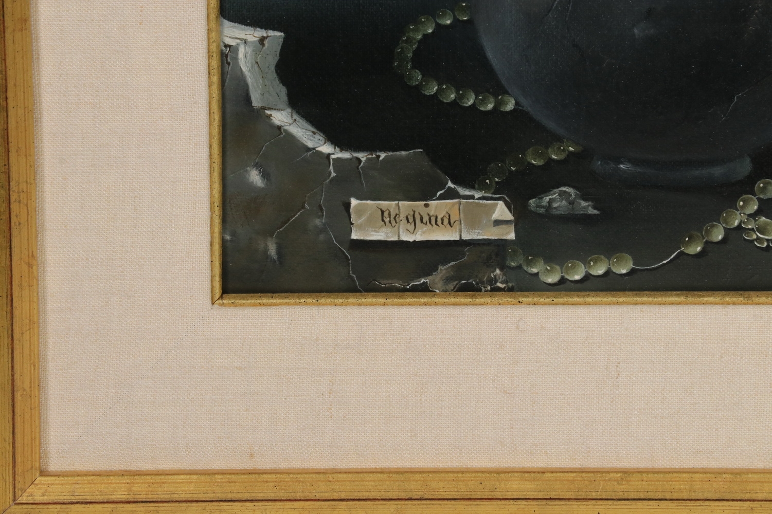 Artwork by Regina Rozin, Surrealist Image of Pearls and Pears in a Vase on a Desolate Landscape, Made of oil on linen