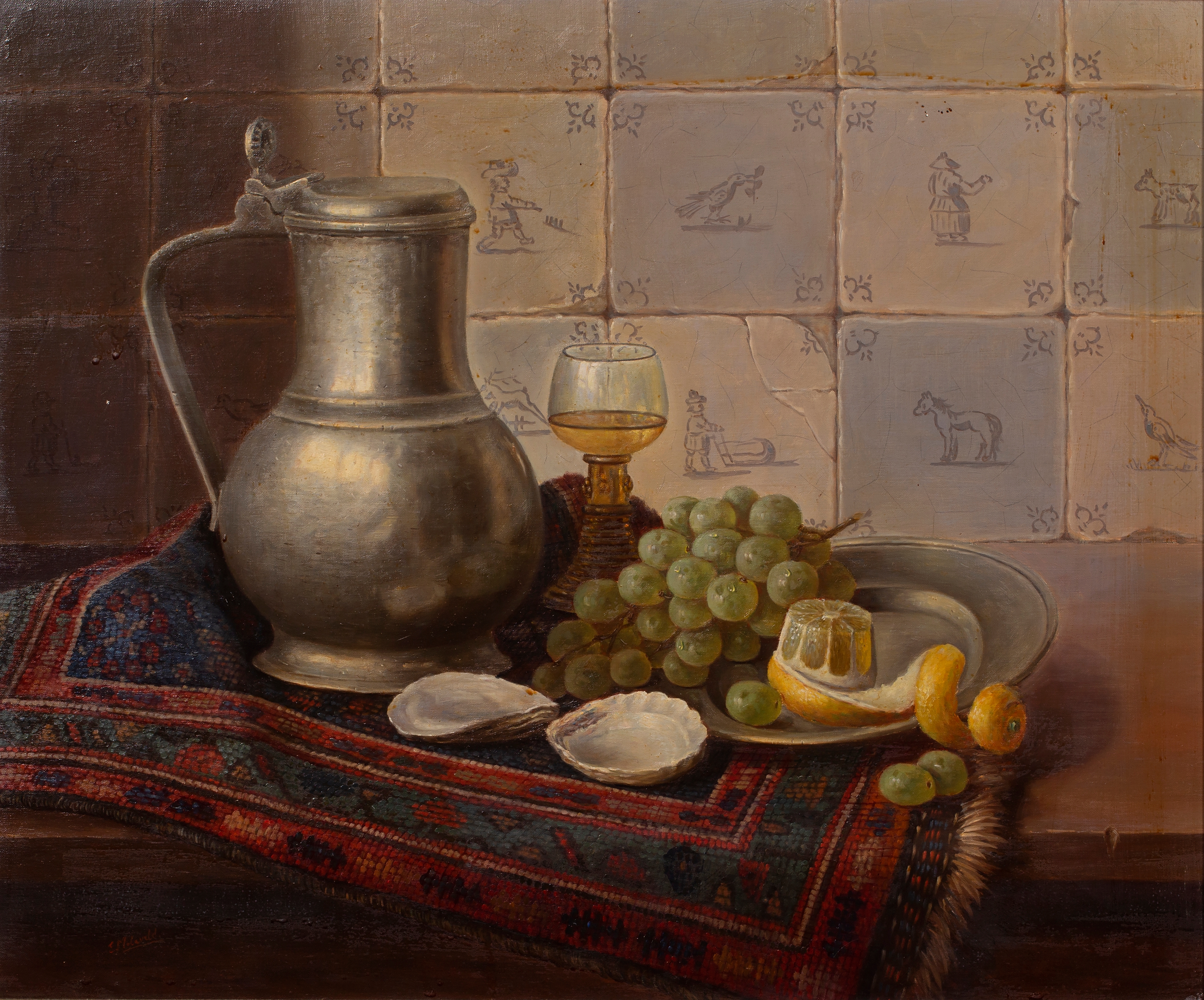 Artwork by Pieter Moleveld, Still life - a pewter jug, wine glass, fruit and oyster shells upon a table covered by a rug, Made of oil on canvas
