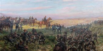 A dramatic historical battle scene depicting soldiers in a field with cavalry figures.