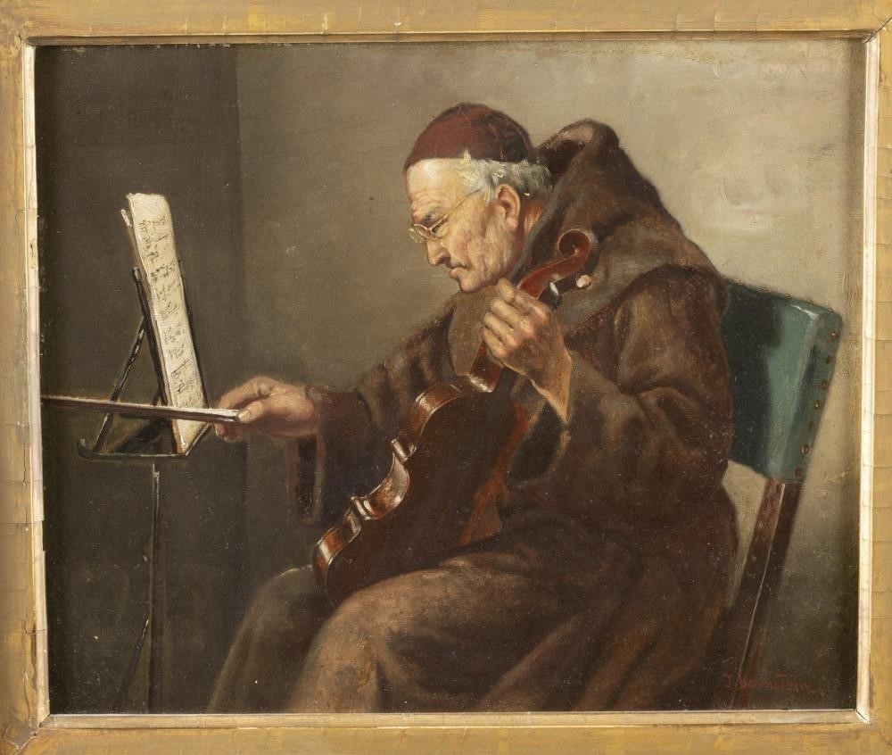 J. Bernstein | Portrait of a seated monk practicing the violin | MutualArt