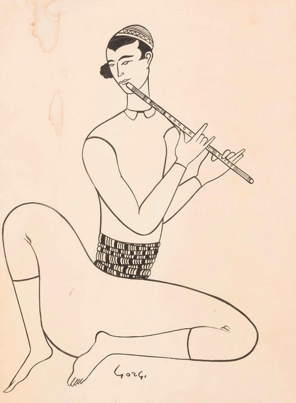 Artwork by Abdelaziz Gorgi, Jeune flûtiste, Made of Ink on framed paper