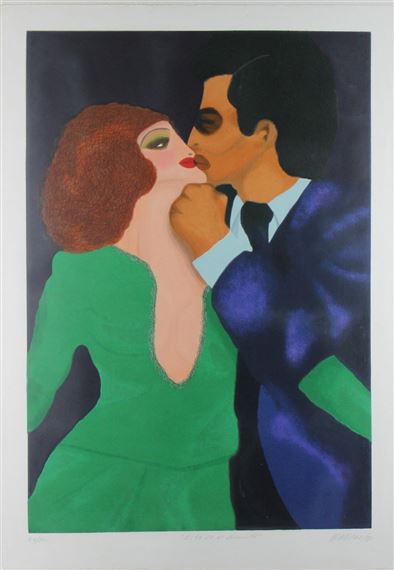A stylized portrait of a couple in an intimate embrace, rendered with bold colors and simplified forms.