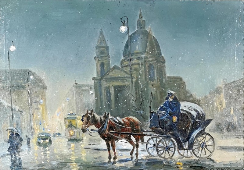 Artwork by Z. Wąsowicz, Dorożka na Placu Trzech Krzyży, Made of oil, canvas