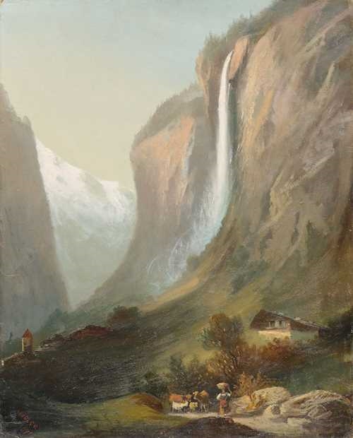 Artwork by Ferdinand Hodler, Der Staubbachfall. (Staubbach falls) 1871., Made of Oil on board