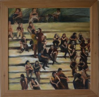 A layered painting of figures seated on tiered steps in a warm, earthy palette.
