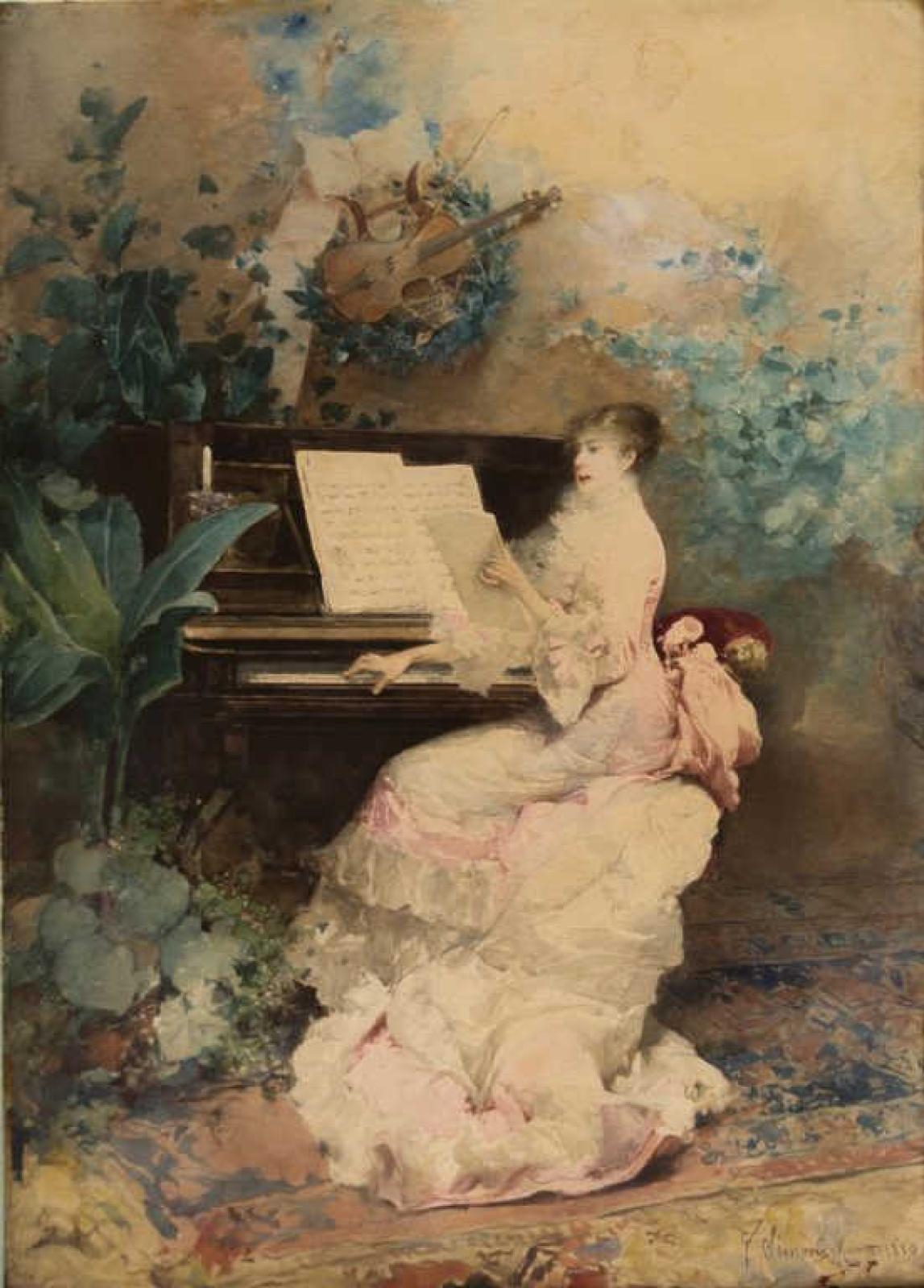 Gustavo Simoni | Élégante au piano (1880) | MutualArt