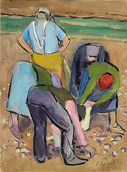 A vibrant watercolor scene of figures on a beach, rendered in bold, expressive strokes.