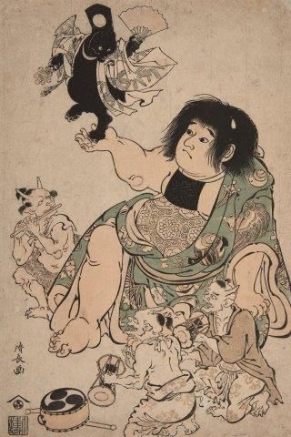 Kintaro with Three Demons and a Bear Playing Music by Torii Kiyonaga, c.1784-1806