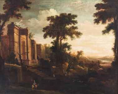 Landscape with ruins, horseman and characters by Crescenzio d'Onofrio