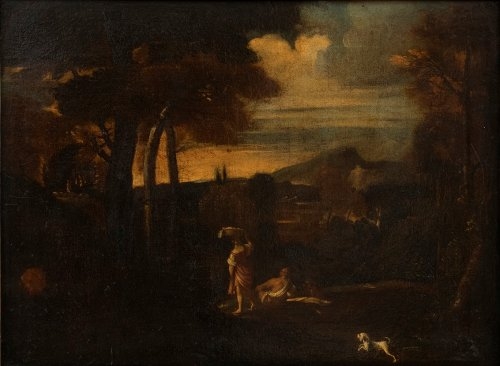 Artwork by Roman School, 17th Century, Landscape with washerwoman beside a stream, Made of Oil on canvas