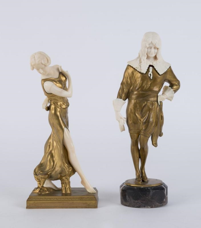 Artwork by Rudolf Marcuse, Sander Jaray, two works: "CHRYSELEPHANTIN PRECIOUS MISS", "DANCER WITH CASTANETS", Made of GILT BRONZE AND CARVED IVORY ON MARBLE PLINTH; BRONZE AND IVORY