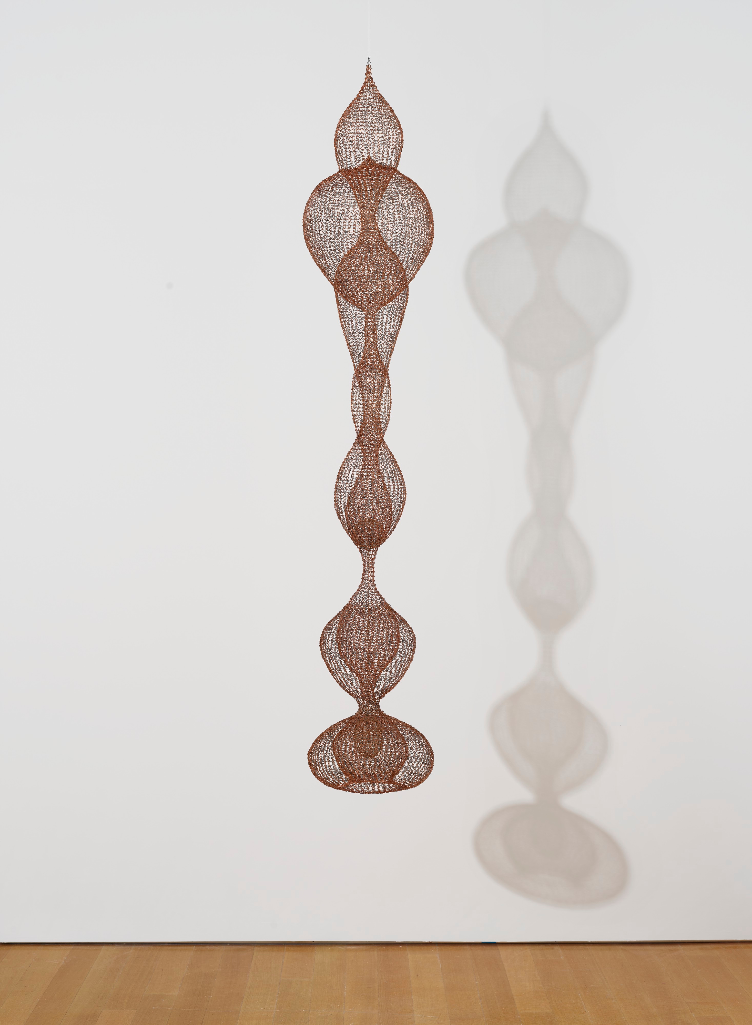Artwork by Ruth Asawa, Untitled (S.401, Hanging Seven-Lobed, Continuous Interlocking Form, with Spheres within Two Lobes), Made of Hanging sculpture, enameled copper and brass wire