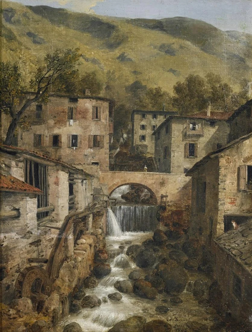 Angelo Inganni | Hilly Landscape With a Stream, a Bridge and a Water ...