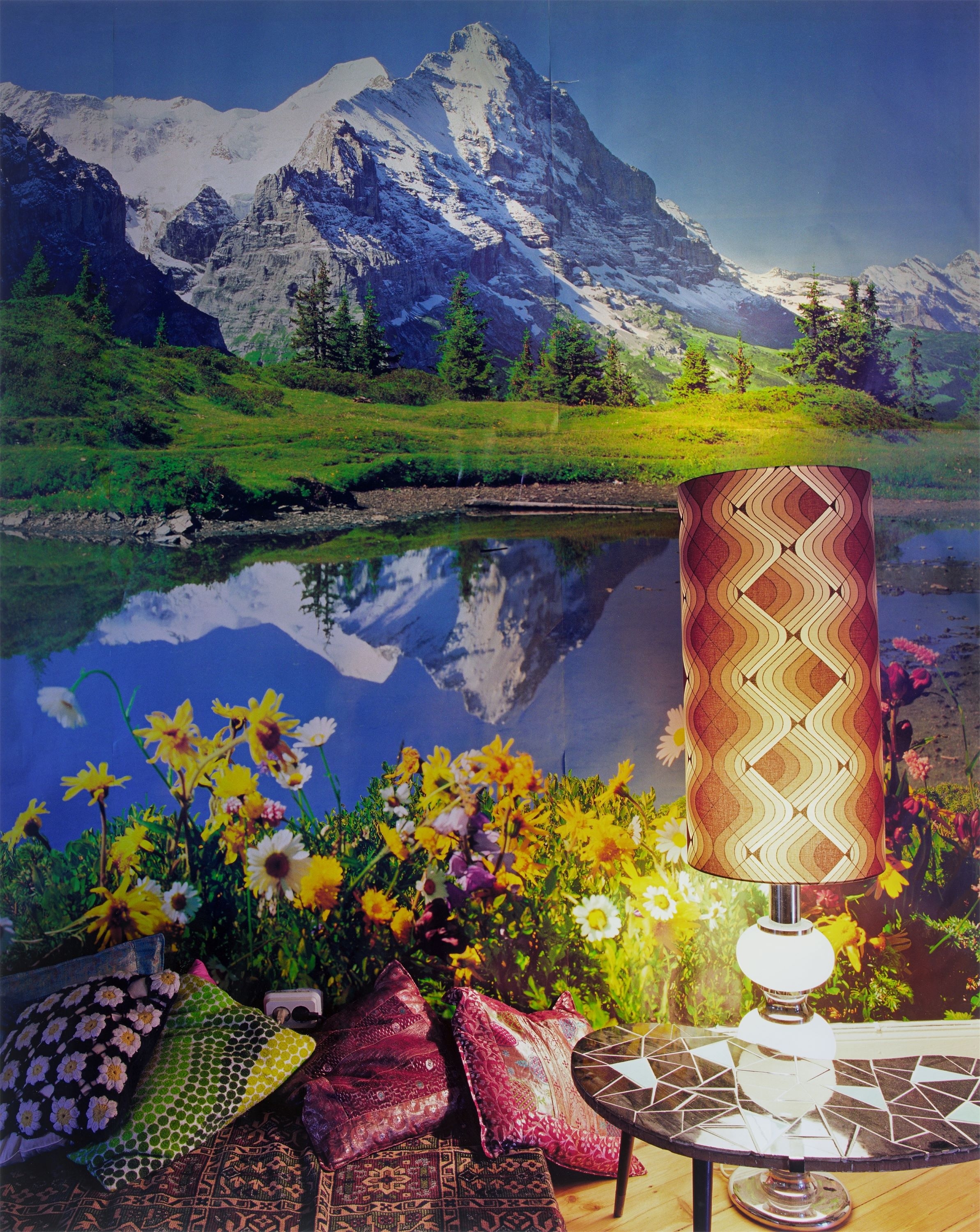 Artwork by Thomas Wrede, "Gebirgslandschaft mit Kissen und Stehlampe“, from the series "Domestic Landscapes“, Made of Archival pigment-print