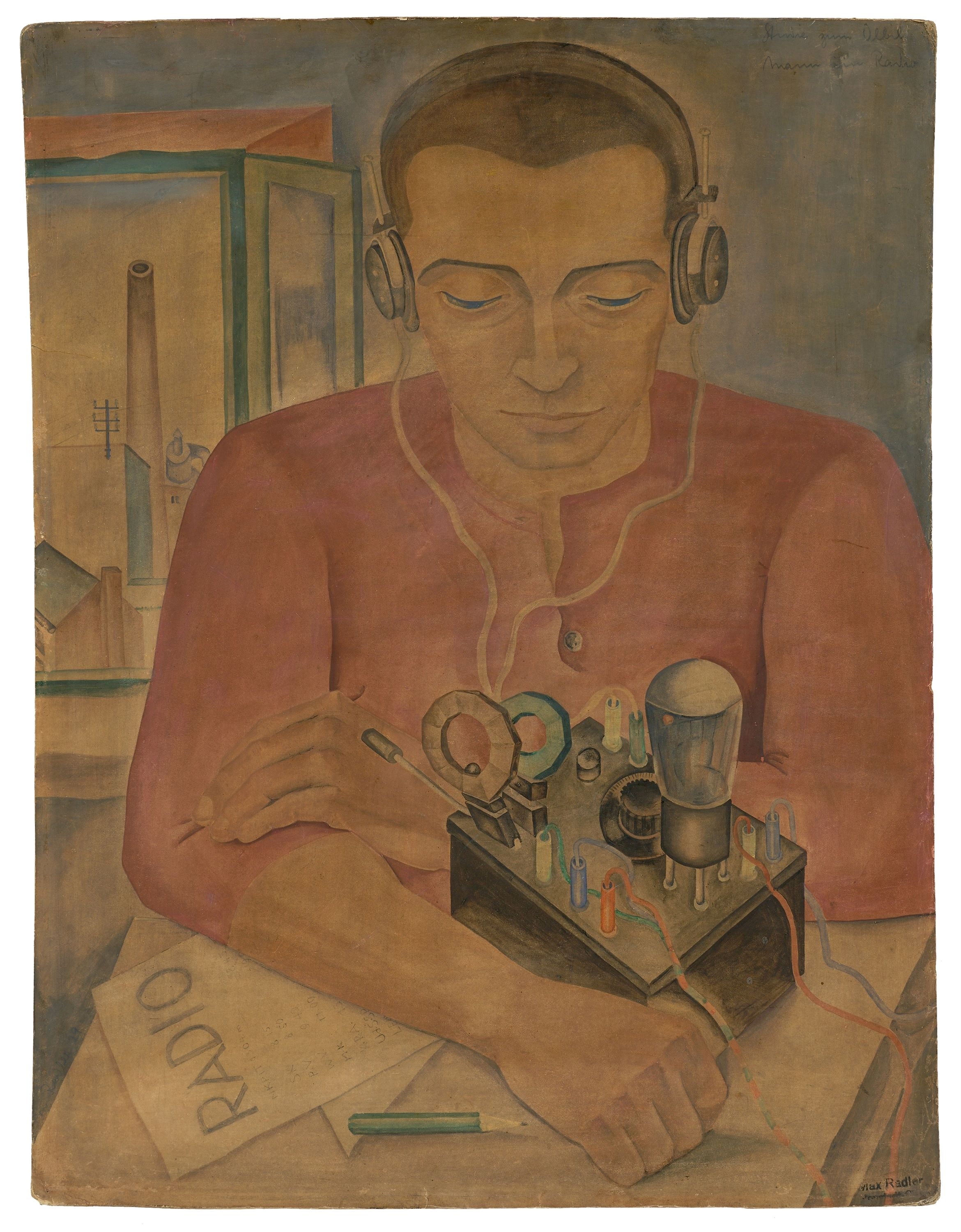Artwork by Max Radler, Man at the Radio, Made of Watercolour over pencil on paper on cardboard