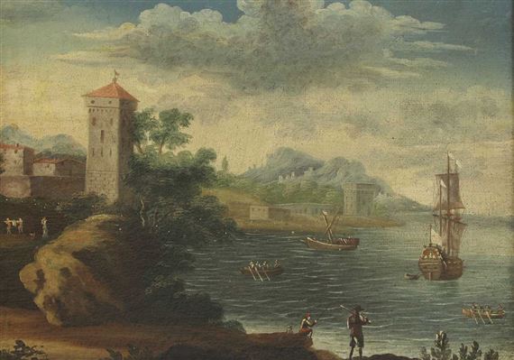 Mediterranean capriccio with a sailing ship by a coastal tower