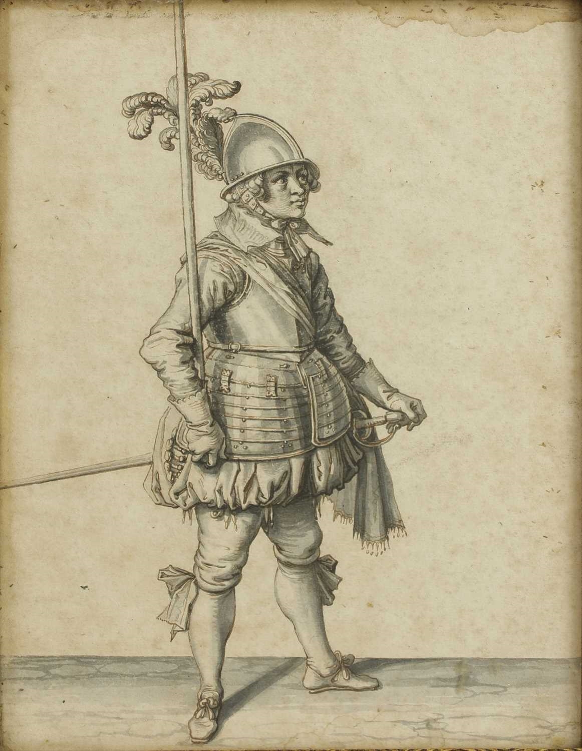 Artwork by Italian School, 18th Century, Studies of Pikemen, one holding a pike and one holding a blunderbuss, Made of A pair, pen and ink on buff paper