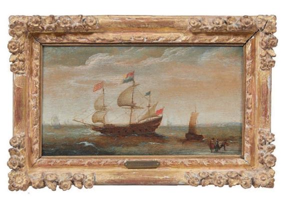 Sailboat and boat along the shoreline by Cornelis Verbeeck