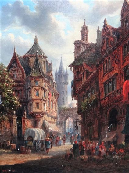 Continental town scene by Felice Auguste Rezia, 1885