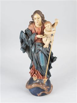 Immaculata with Jesus holding the spare, on globe bowl with snake, folded coat - Swabian School, 18th Century