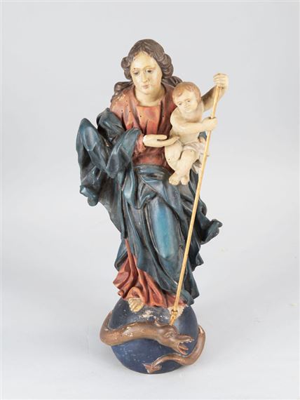 Immaculata with Jesus holding the spare, on globe bowl with snake, folded coat - Swabian School, 18th Century