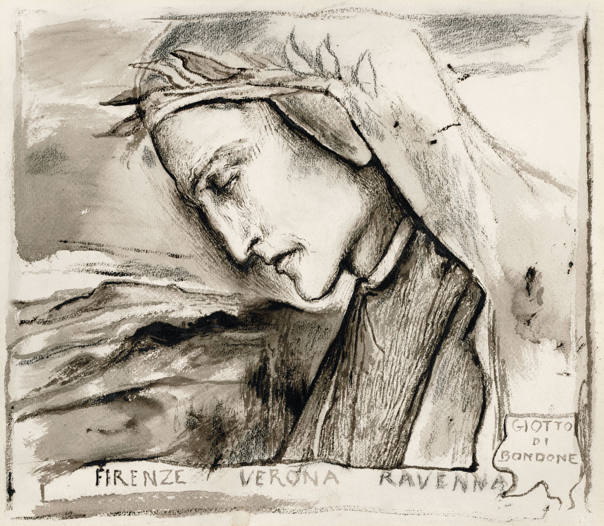 Artwork by Simeon Solomon, Giotto di Bondone, Made of black chalk and grey wash on paper, watermark 'JWHATMAN'