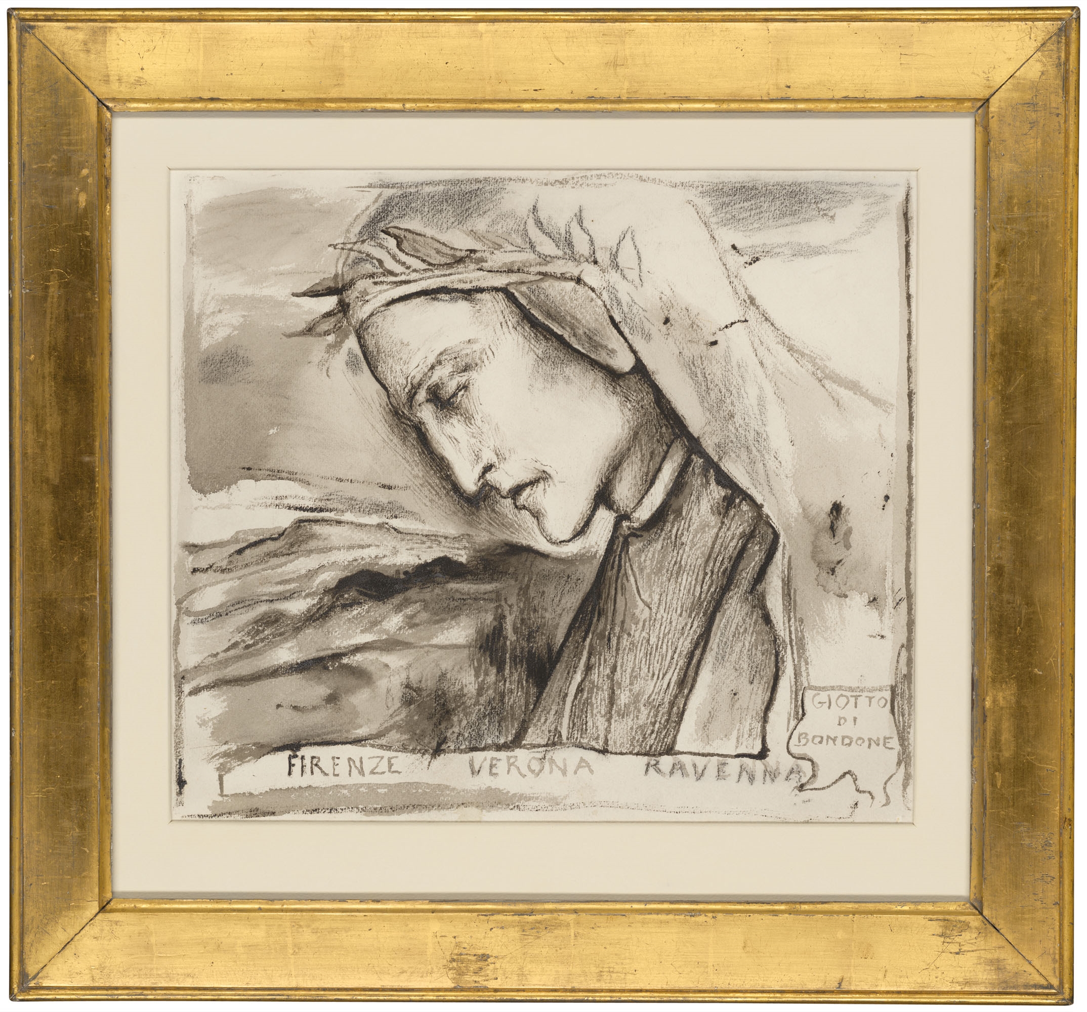 Artwork by Simeon Solomon, Giotto di Bondone, Made of black chalk and grey wash on paper, watermark 'JWHATMAN'