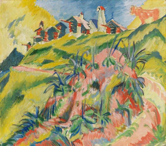 Bergdorf mit rosa Kuh