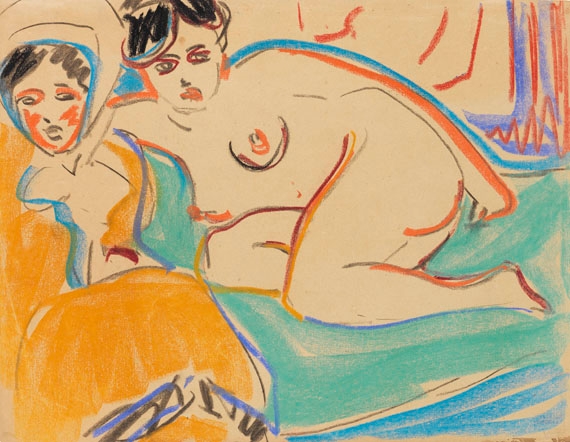 Artwork by Ernst Ludwig Kirchner, Zwei liegende Akte, Made of Colored chalk drawing on brownish paper
