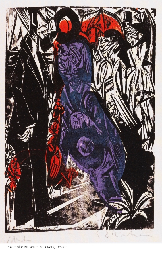 Artwork by Ernst Ludwig Kirchner, Der Verkauf des Schattens, Made of Woodcut in colors on Silk Blotting by Huber Freres, Winterthur (with watermark)