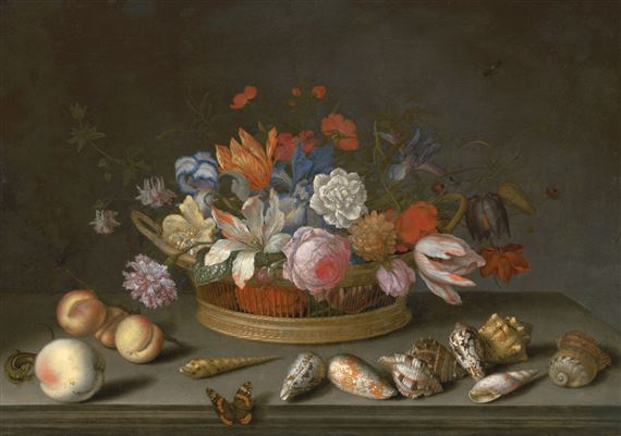 Tulips, roses and other flowers in a basket on a table, with shells, fruit, a lizard and a butterfly by Balthasar van der Ast