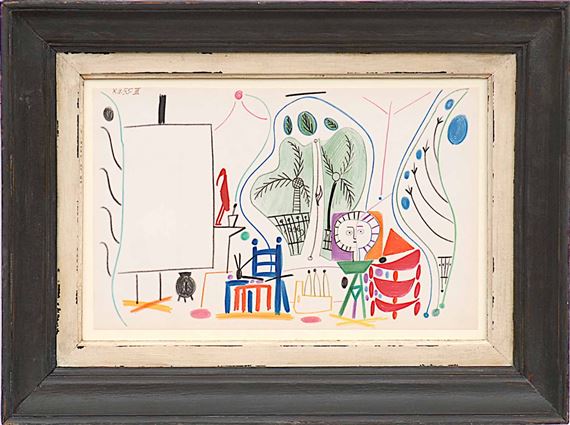 A colorful abstract composition featuring a stylized artist's studio scene with an easel, chair, and whimsical figures.