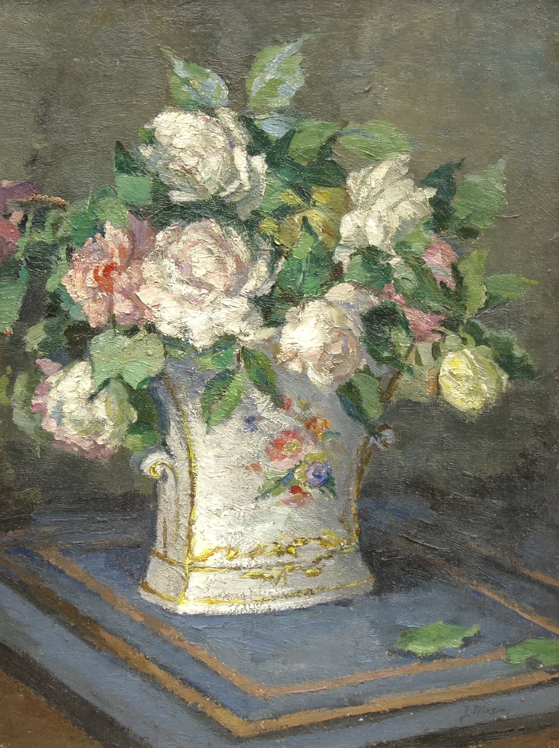 Artwork by J Mason, Still Life of Roses in a Vase, Made of oil on canvas