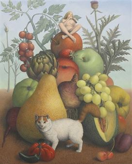 A surreal still life featuring a white cat, a nude figure, and an assortment of fruits and vegetables.