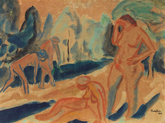 Artwork by Max Pechstein, Vier Badende, Made of Watercolor on brownish paper, laid on canvas