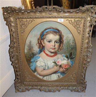 Portrait of a girl wearing blue ribbons and holding a bouquet of roses in a landscape - William M. Hay