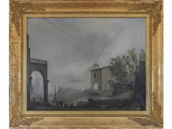 Landscape with lake, architectures and figures - Luigi Deleidi