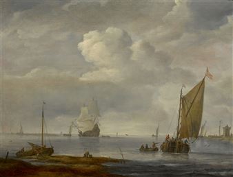 COASTAL SCENE WITH A WIJDSCHIP OFF-SHORE, A MOORED PINK, AND A MAN-O'-WAR AT ANCHOR BEYOND - Arnoldus van Anthonissen
