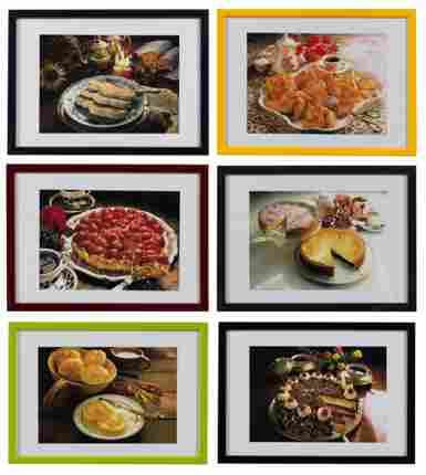 A grid of six framed food photographs showcasing various desserts and pastries.