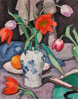 STILL LIFE WITH TULIPS AND FAN - Samuel John Peploe