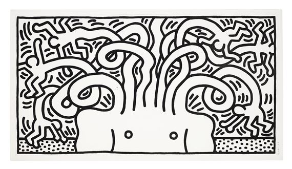 A black-and-white line drawing of a face with wild, tangled hair.