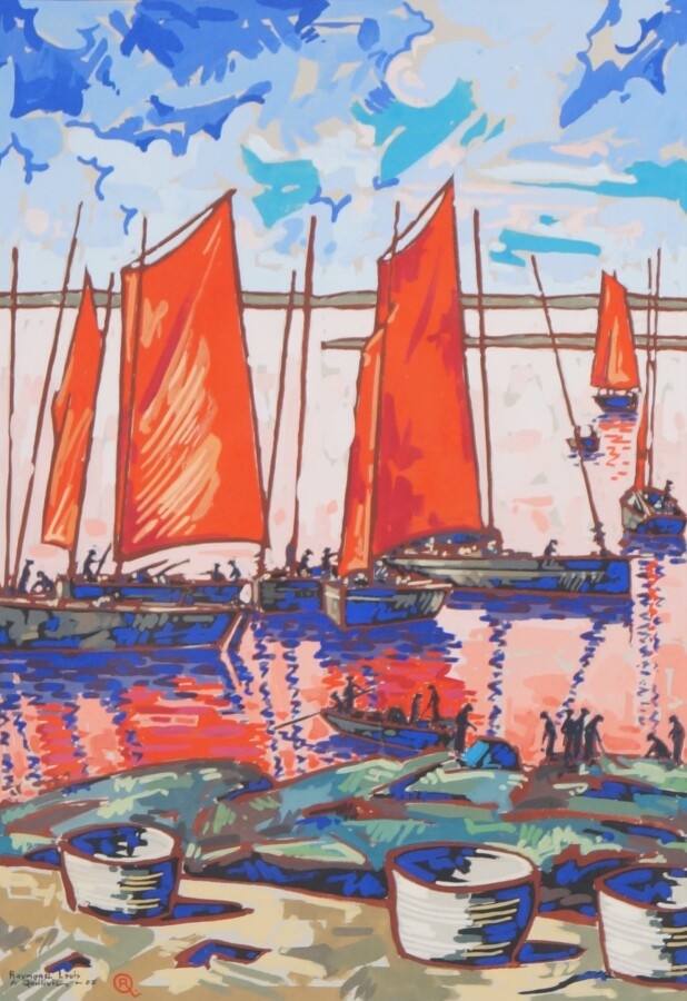 Artwork by Raymond Louis Quillivic, Chaloupes prêtes à la pêche au maquereau, Made of Watercolor and gouache on paper