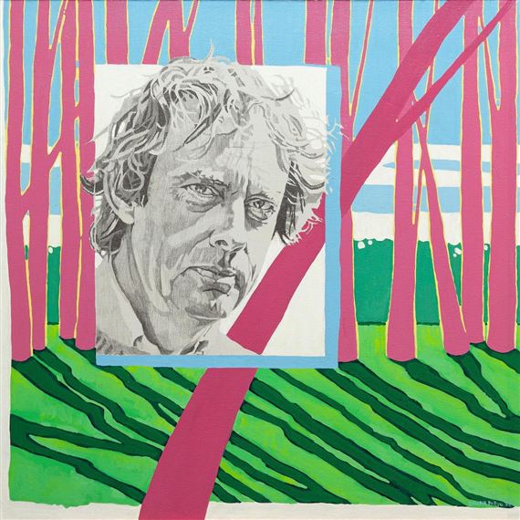 A monochrome portrait of a man with curly hair is superimposed over a vibrant, abstract forest scene.