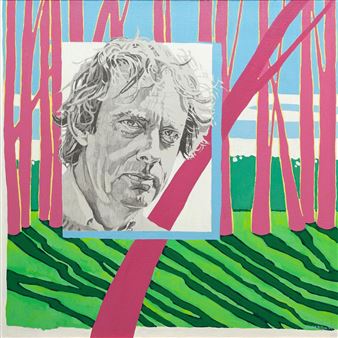 A monochrome portrait of a man with curly hair is superimposed over a vibrant, abstract forest scene.