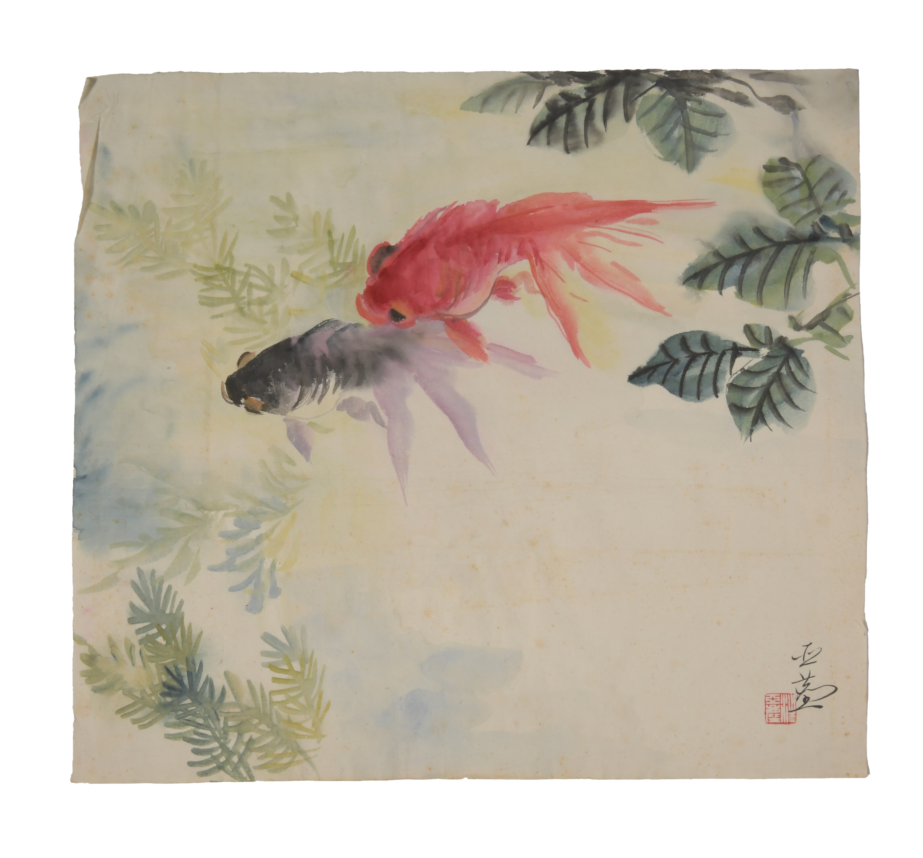 Artwork by Wang Yachen, Chinese Painting of Goldfish, Made of watercolor on silk